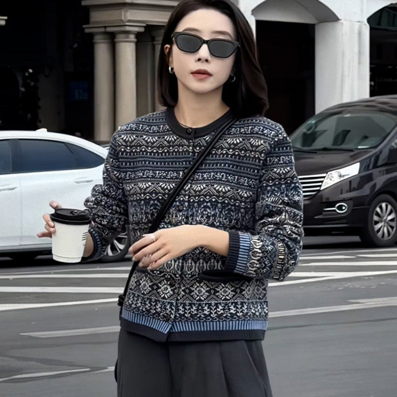 Damen Kurzjacke-Cardigan mit Jacquard‑Muster, Rippbündchen und Rundhals Drune