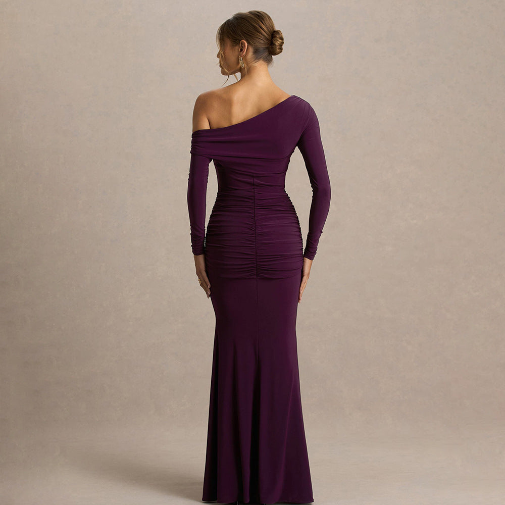 Damen figurbetontes Maxikleid mit asymmetrischem Design und Faltenwurf Drune