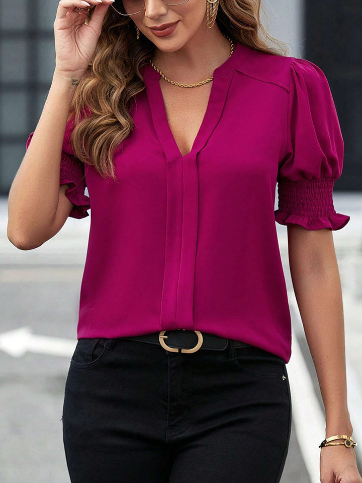 Damen Bluse mit V-Ausschnitt, gerafften Smock-Ärmeln und weichem Fall Drune