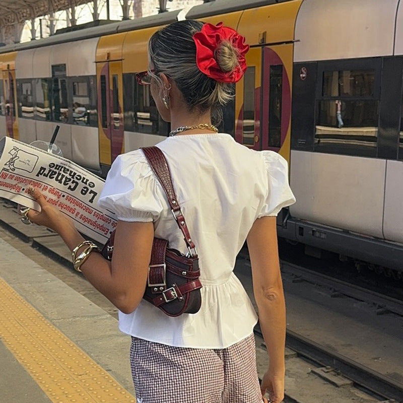 Damen Wickeloberteil mit Puffärmeln und femininem Peplum-Saum Drune