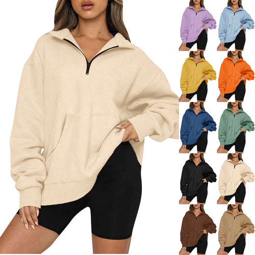 Damen nan Oversize-Halbzip-Kapuzenpullover mit Kängurutasche und verlängertem Saum Drune