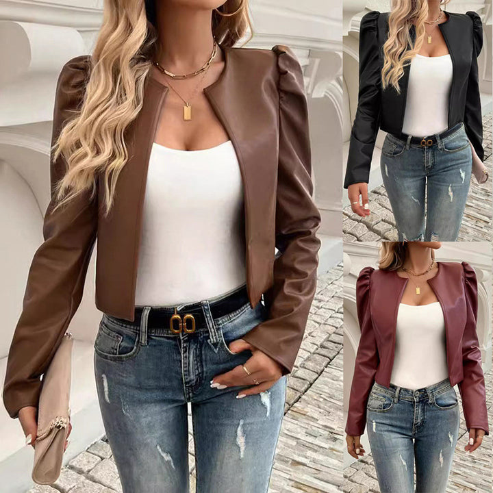 Damen Modische Kunstlederjacke mit Puffärmeln und kurzem Schnitt Drune