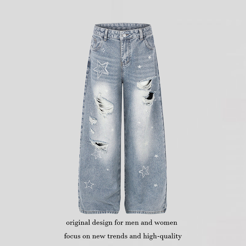 Damen Weite Distressed Palazzo-Jeans mit Stern-Stickerei Drune