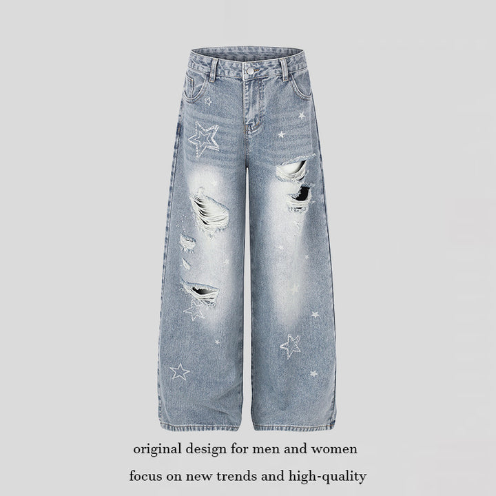 Damen Weite Distressed Palazzo-Jeans mit Stern-Stickerei Drune