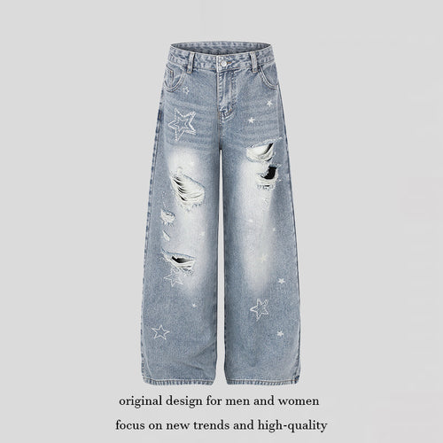Damen Weite Distressed Palazzo-Jeans mit Stern-Stickerei Drune