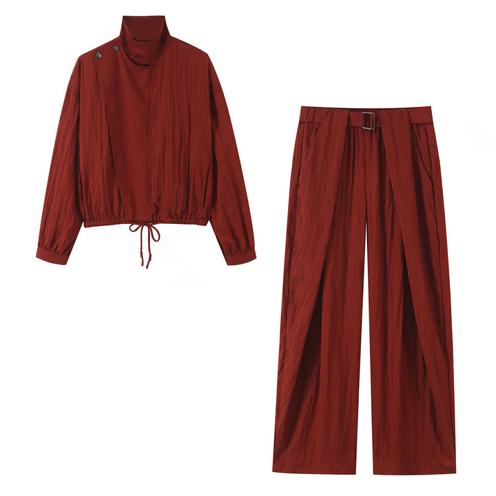 Damen Hochtaillierte Wide‑Leg Stoffhose mit Bundfalten und Bindegürtel Drune