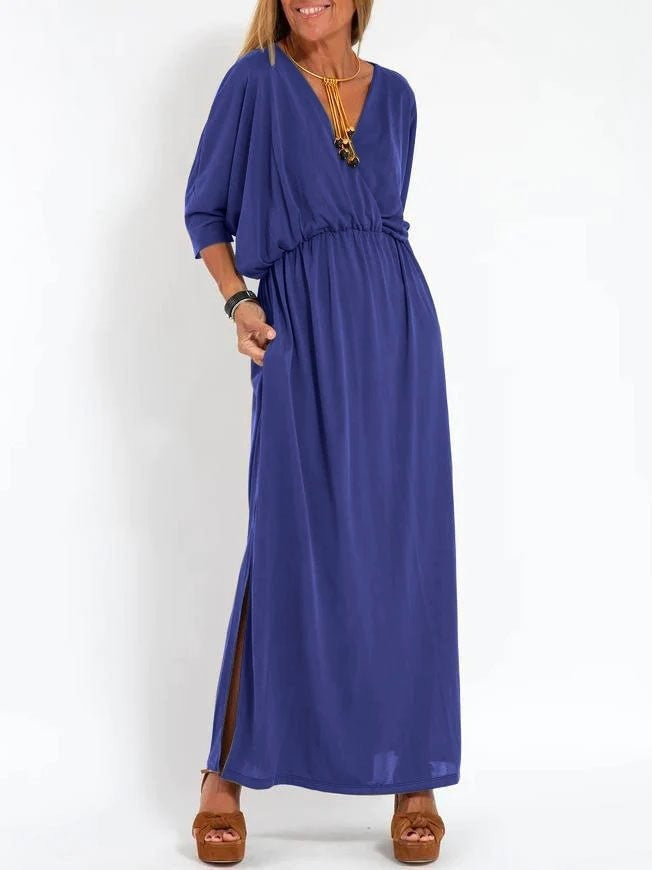 Damen elegantes Maxikleid mit seitlichem Schlitz und flexiblem Taillenbund Drune