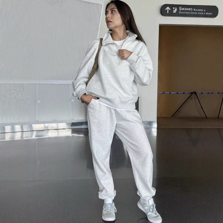 Damen Sweatset mit Halbreißverschluss, oversized Pullover und hochtaillierter weit geschnittener Jogginghose Drune