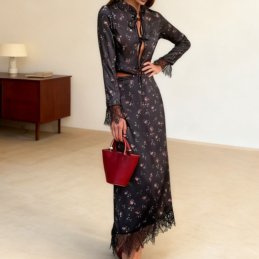Damen Elegantes Maxikleid mit Spitzenbesatz und floralem Design Drune