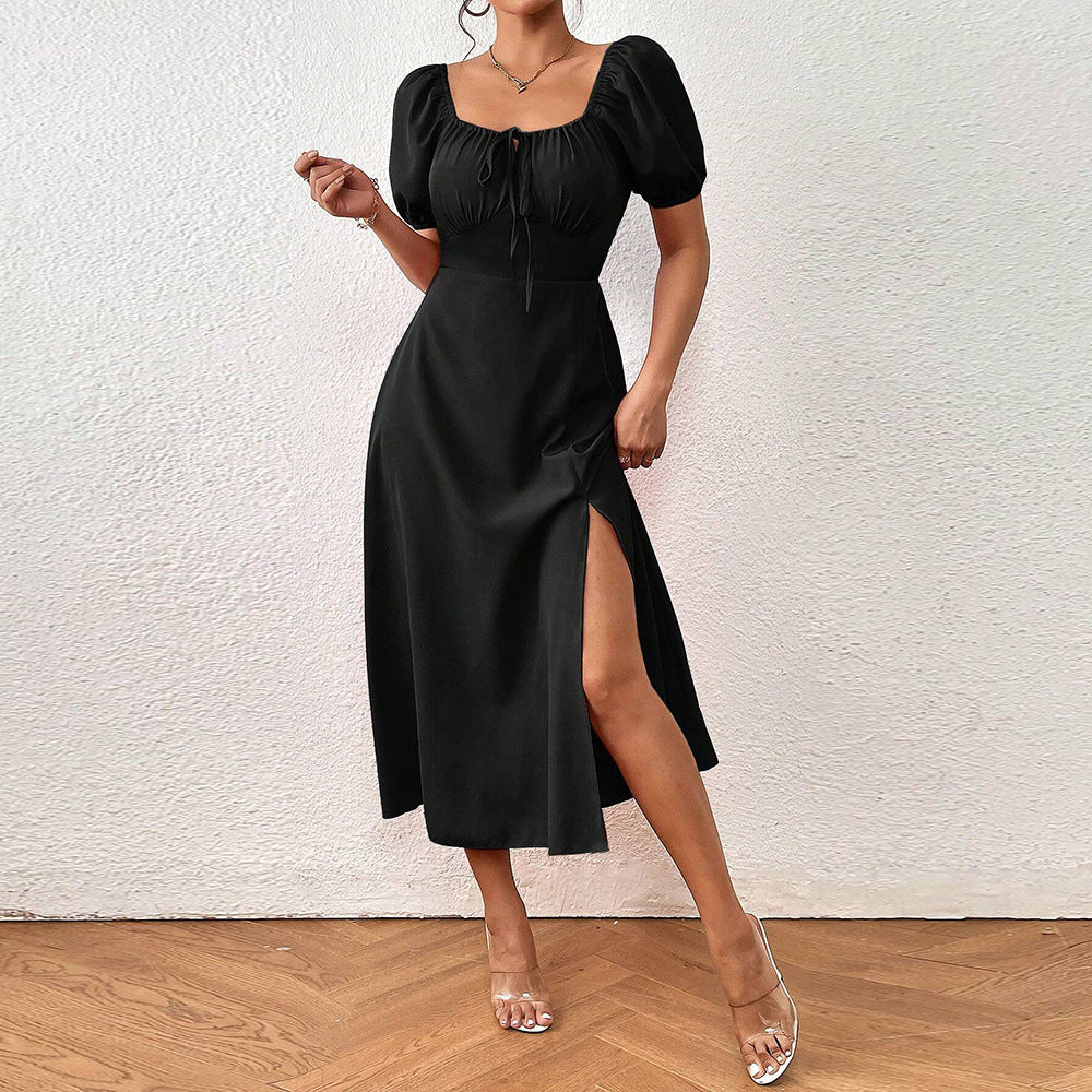 Damen elegantes Maxikleid mit Puffärmeln und seitlichem Schlitz Drune