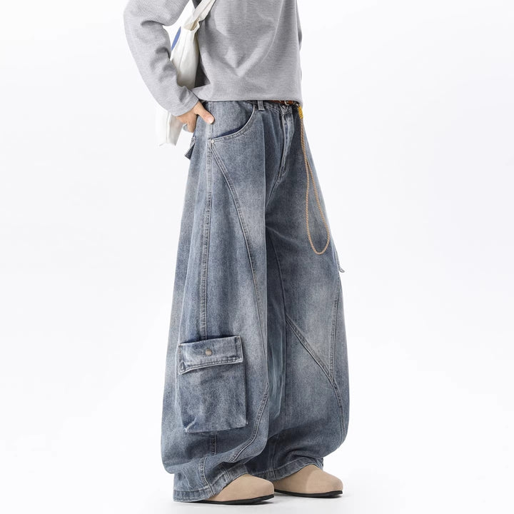 Damen Baggy-Cargo-Jeans aus gewaschenem Denim mit hoher Taille und Panelnähten Drune