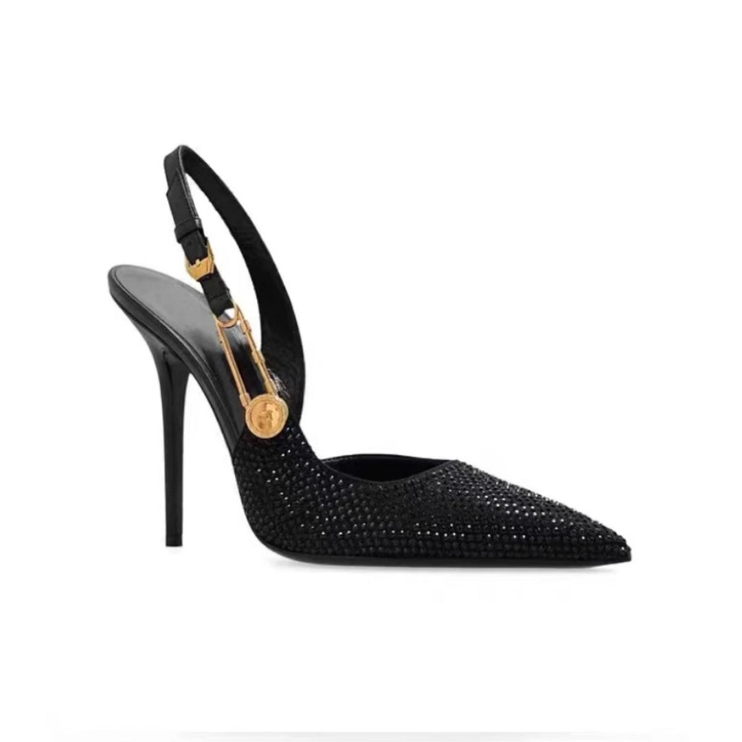 Damen Slingback‑Pumps mit spitzer Zehenform, sculpted Metall‑Ferse und Schmuckdetail Drune