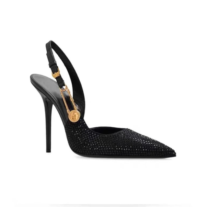 Damen Slingback‑Pumps mit spitzer Zehenform, sculpted Metall‑Ferse und Schmuckdetail Drune