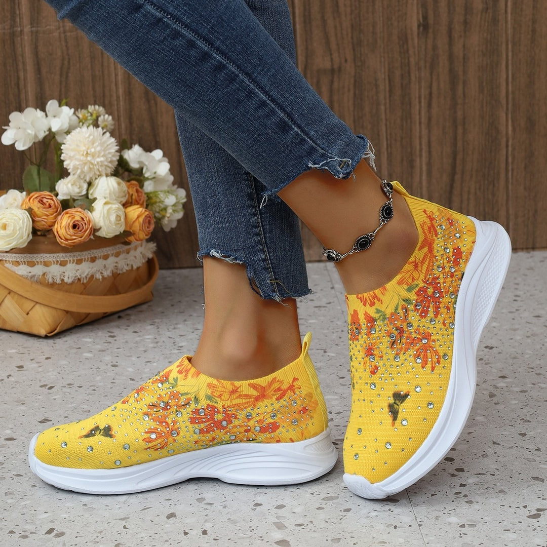 Damen Slip-On Strick-Sneaker mit elastischem Schaft, Blumenprint und Strassbesatz Drune