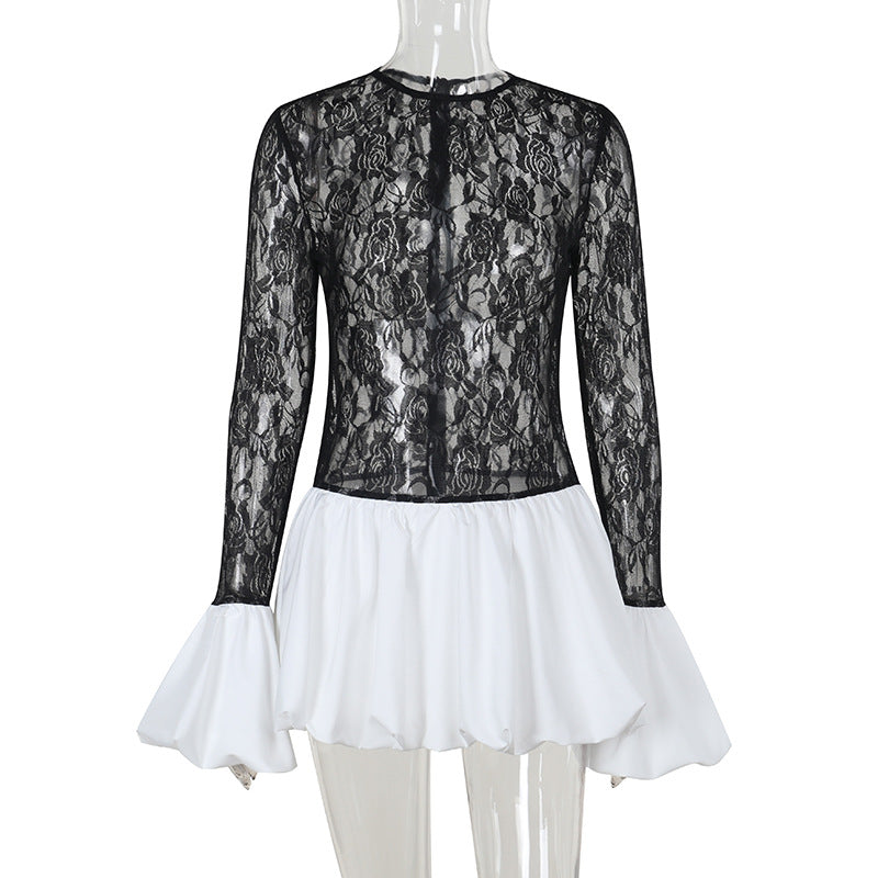 Damen Hochwertiges Spitzen-Kleid mit fließendem Rock Drune