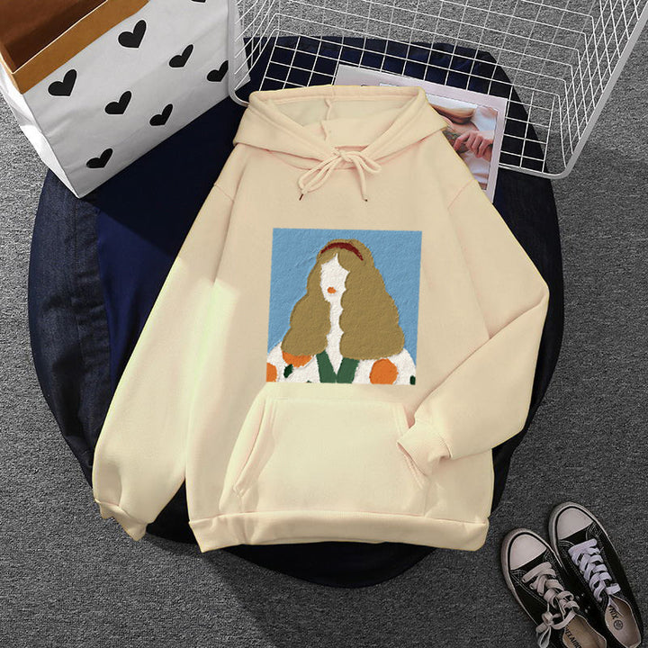 Damen nan Kapuzenpullover mit kunstvoller Chenille-Stickerei im Portraitstil und Kängurutasche Drune