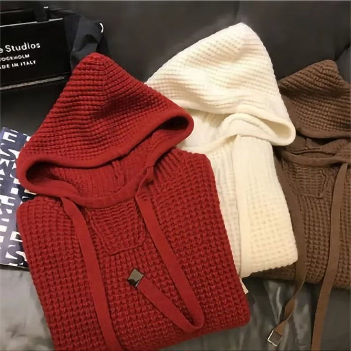Damen Grob gestrickter Kapuzenpullover mit Waffelstruktur und Kordelzug Drune