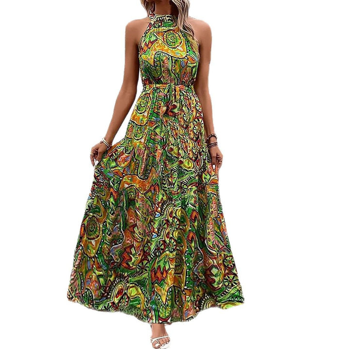 Damen Maxikleid im Boho-Stil mit elegantem Halterneck und seitlichem Bindegürtel Drune
