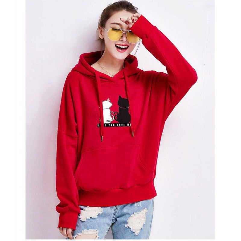 Damen Kapuzenpullover mit Katzen-Print, lockerem Schnitt und Kängurutasche Drune