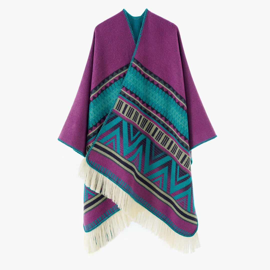 Damen Gewebter Ethno-Poncho mit Fransen und Jacquardmuster Drune