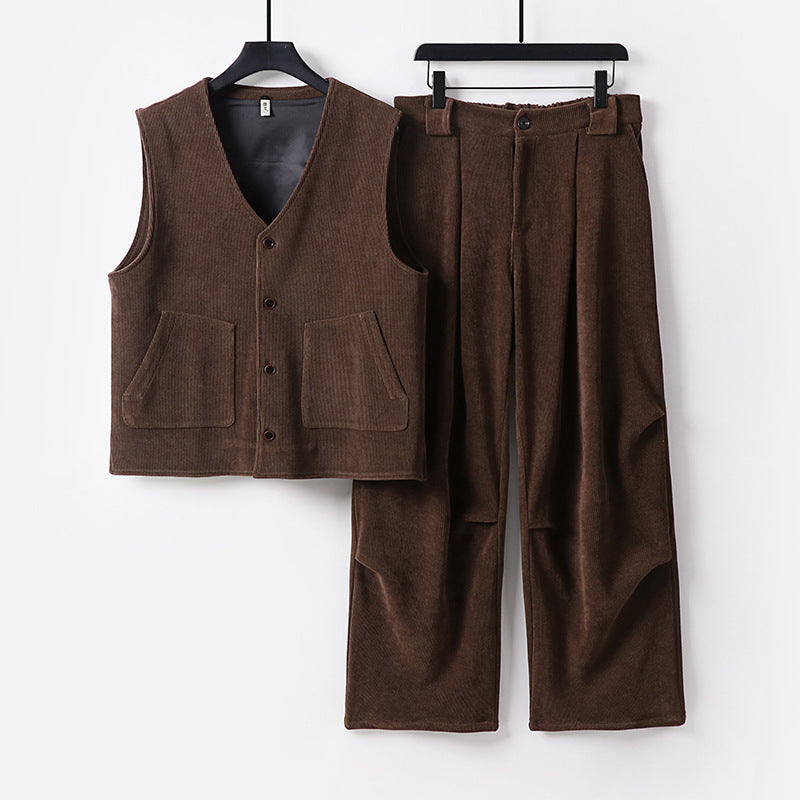 Herren Cord-Loungewear-Set mit V-Ausschnitt Weste und weiten Bundfaltenhose Drune