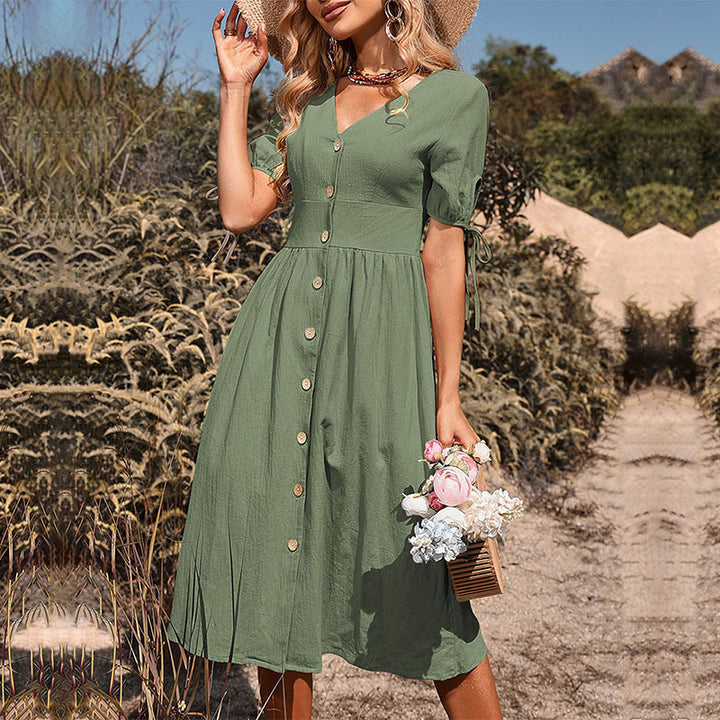 Damen Button-Down A-Linie Midi Kleid mit Bindeschlaufen