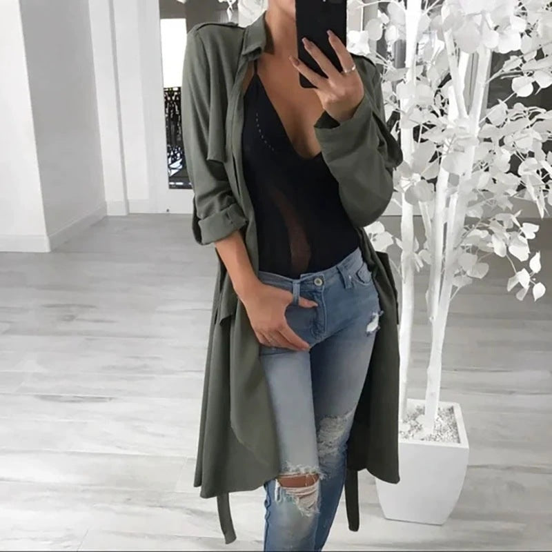 Damen eleganter Wickelcardigan aus weichem Stoff mit langem Schnitt und praktischen Taschen Drune