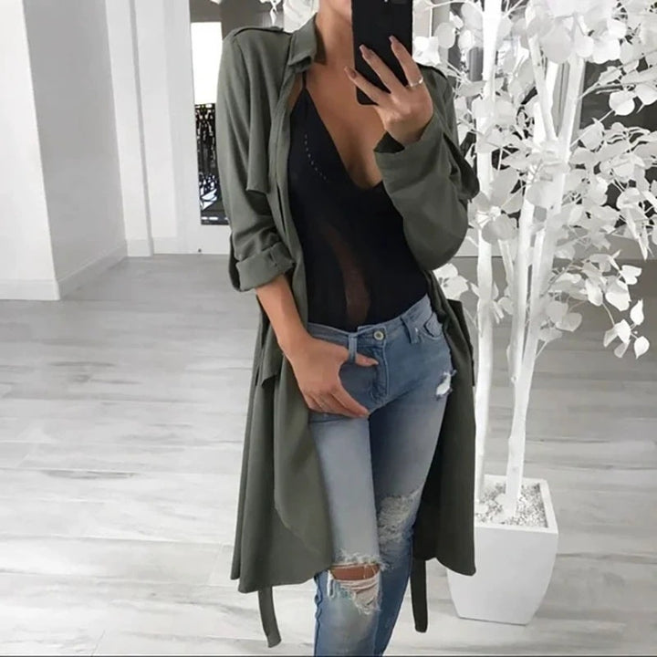 Damen eleganter Wickelcardigan aus weichem Stoff mit langem Schnitt und praktischen Taschen Drune