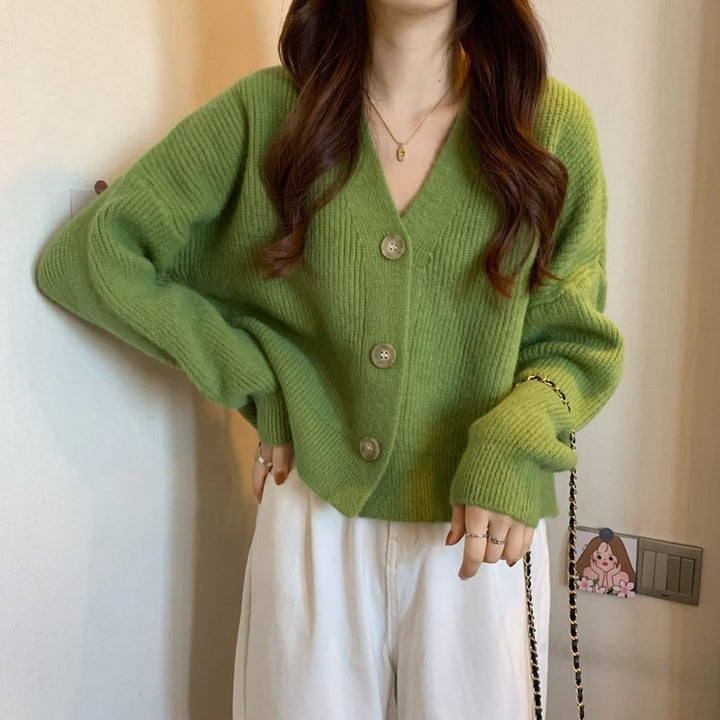 Damen lässige Strickjacke mit hochgeschlossenen Kragen und großen Knopfdetails Drune