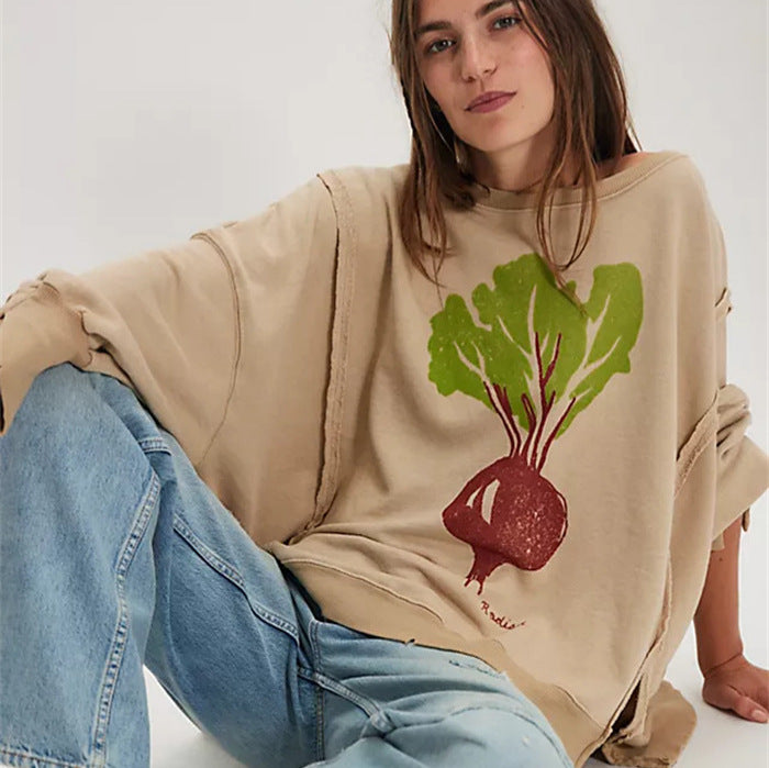 Damen oversized Sweatshirt mit Rüben-Print, ausgefransten Nahtakzenten und Daumenlochärmeln Drune