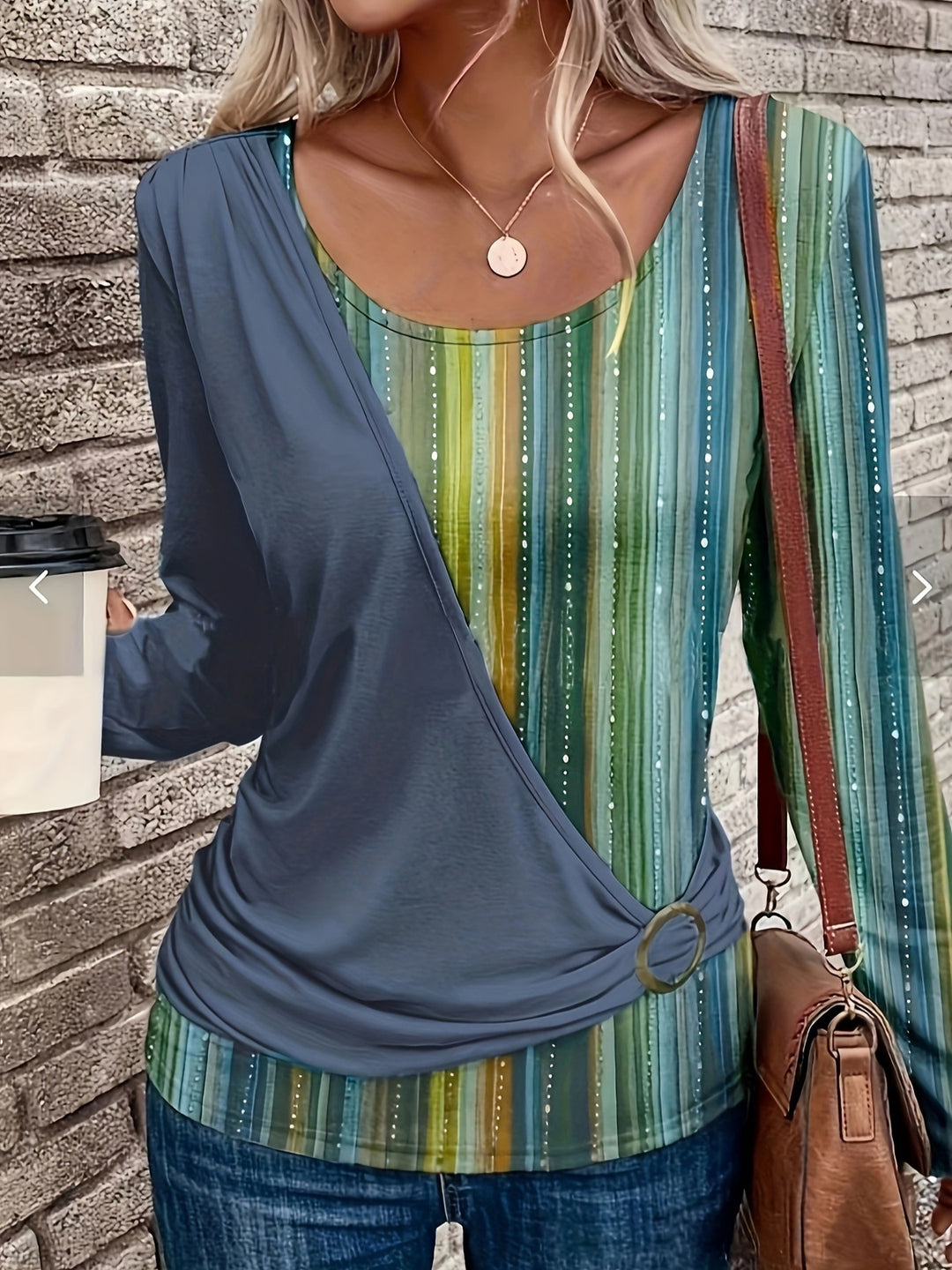 Damen Lagenlook Wickel‑Shirt mit asymmetrischer Drapierung und gestreiftem Unterteil Drune