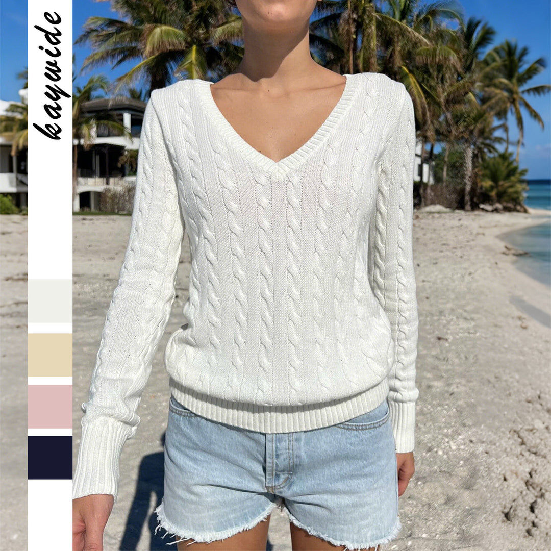 Damen nan Feinstrickpullover mit Zopfmuster, tiefem V‑Ausschnitt und schmaler Bundpassform Drune