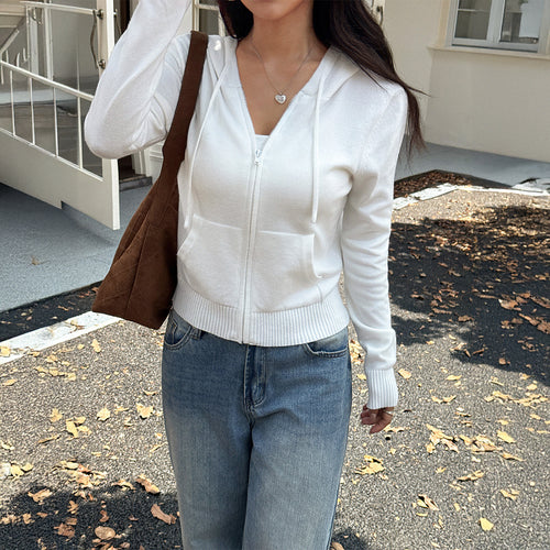 Damen modischer Zip-Hoodie mit Kängurutasche und feiner Rippstruktur Drune