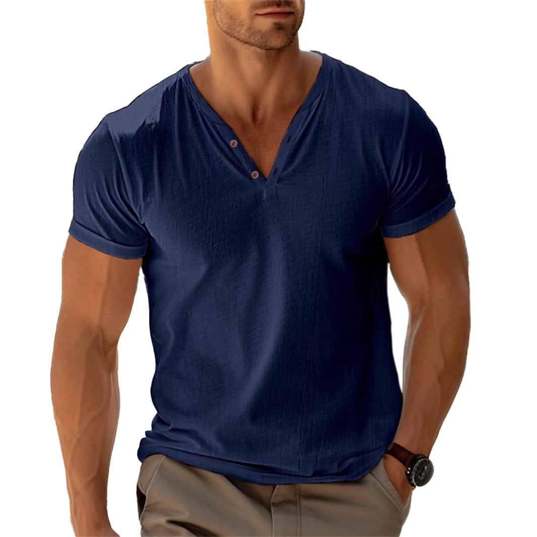 Herren nan tailliertes Henley-T-Shirt mit V-Ausschnitt kurzer Knopfleiste und krempelbaren Ärmeln Drune