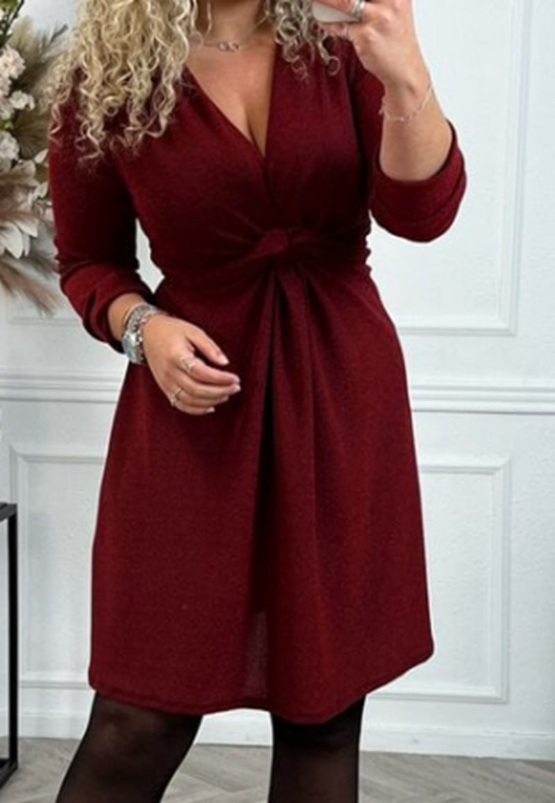 Damen nan knielanges V-Ausschnitt-Kleid mit geraffter Taillenpasse aus leichtem Glanzstrick Drune