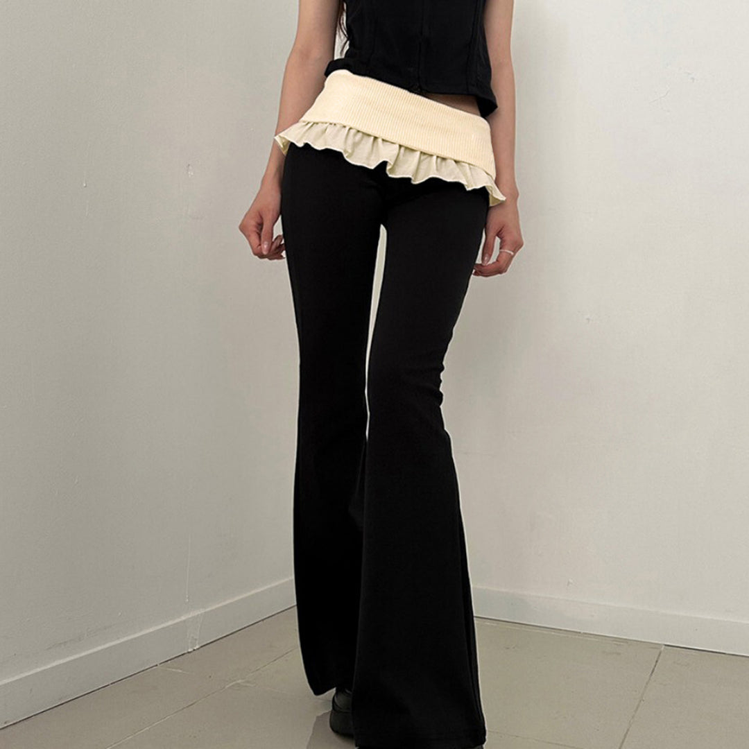 Damen Kunstleder Flared-Hose mit verstellbarem Gürtel Drune