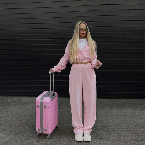Damen samtiges Lounge-Set mit kurzem Zip-Hoodie, elastischem Rippbund und weitem High-Waist Palazzo-Hose Drune