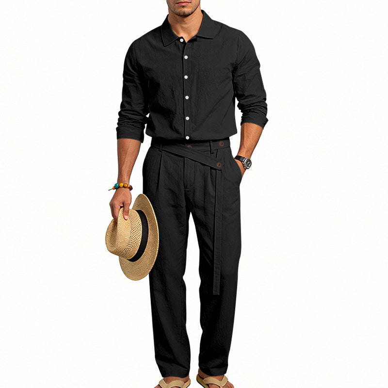 Herren nan eleganter Leinen-Zweiteiler mit Hemd und Hose mit hohem Bund und Bindegürtel Drune
