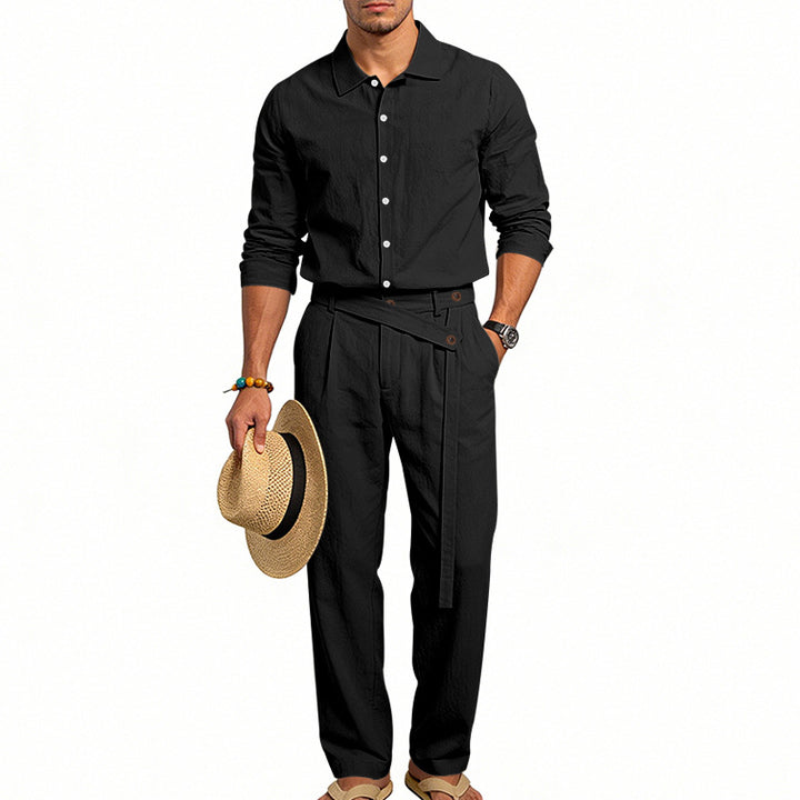 Herren nan eleganter Leinen-Zweiteiler mit Hemd und Hose mit hohem Bund und Bindegürtel Drune