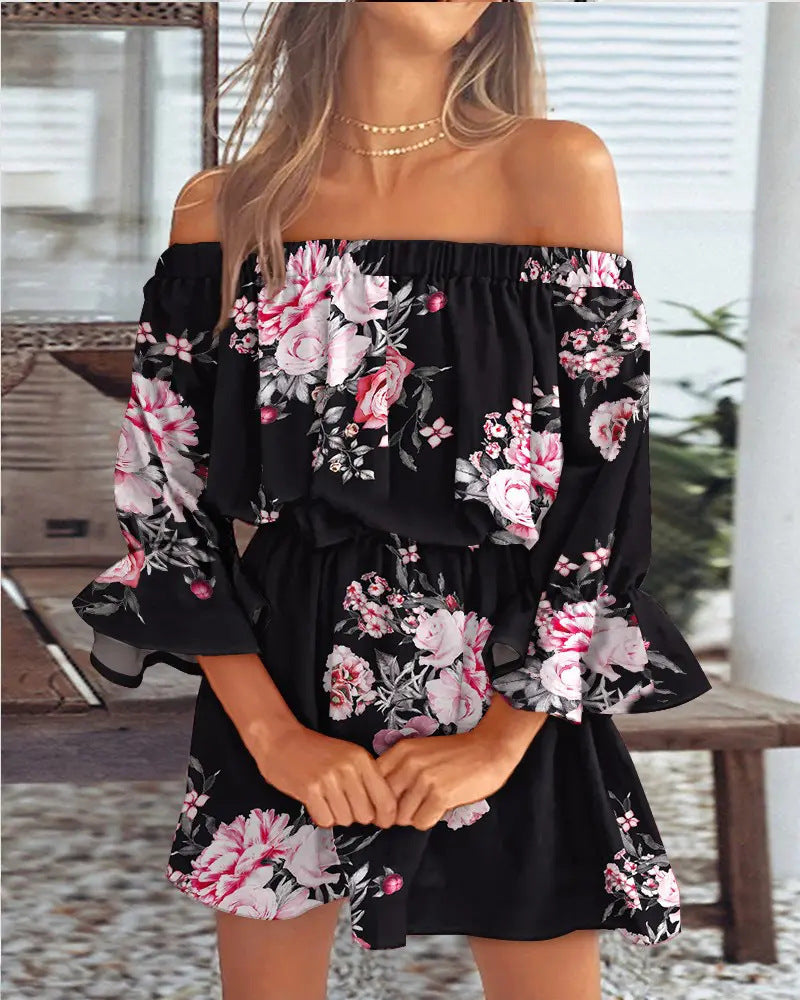 Damen Schulterfreies Minikleid mit elastischer Taillenpassform und Volantärmeln Drune
