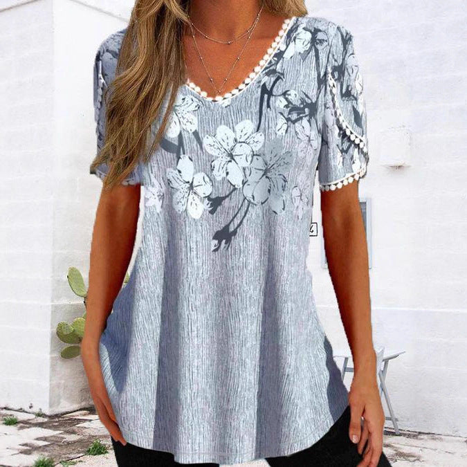 Damen nan legeres V-Ausschnitt-Tunikashirt mit floralem Muster und Pomponbesatz Drune