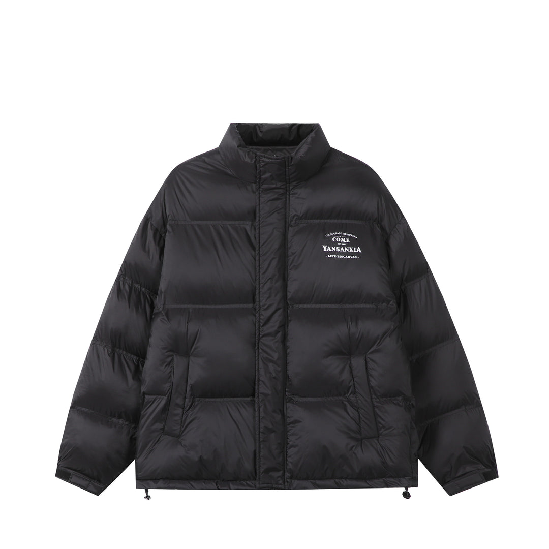 Unisex Kurz geschnittene wattierte Oversize-Jacke mit hohem Stehkragen und Logo-Print Drune
