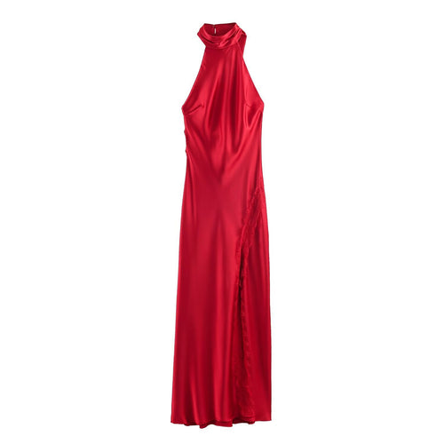 Damen Lange Abendrobe mit elegantem Kragen und Spitzenakzenten Drune