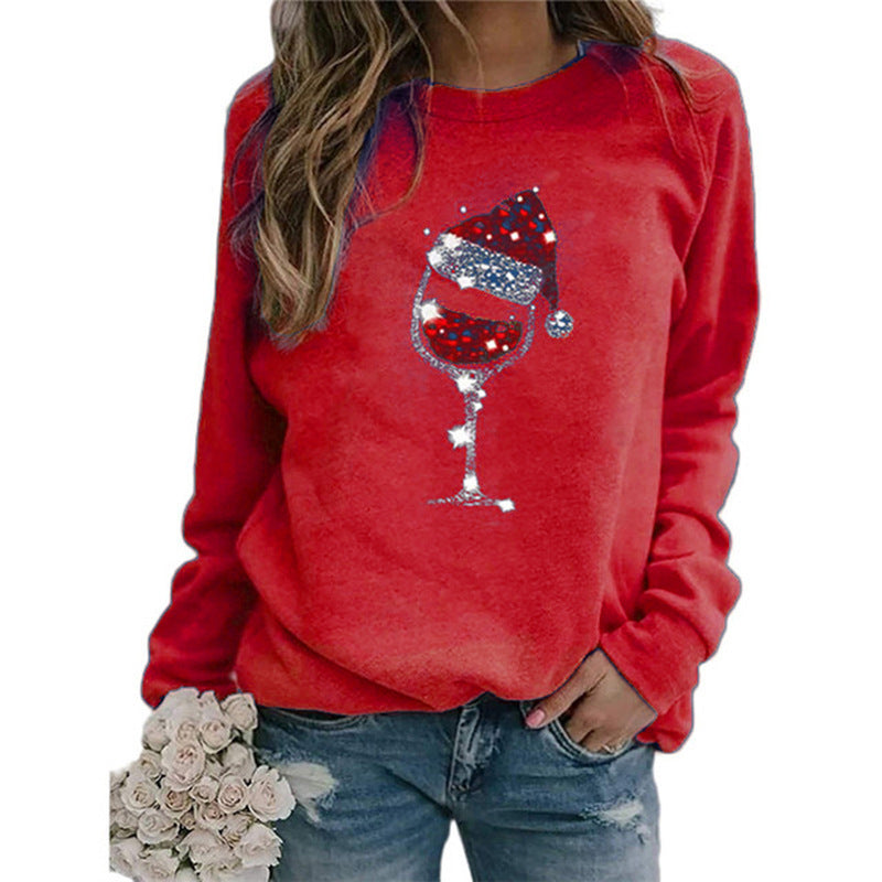 Damen Weihnachts Sweatshirt mit Pailletten Weinglas und Rundhalsausschnitt Drune