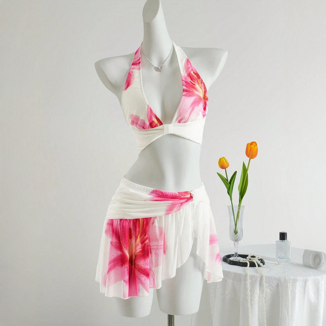 Damen Blumenmuster Bikini-Set mit elegantem Rock Drune