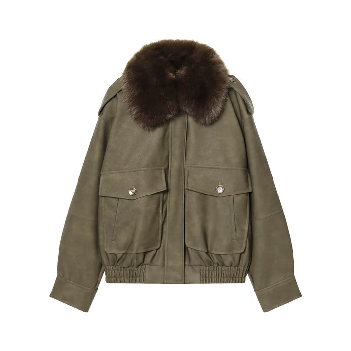Damen Kurze Bomberjacke im Veloursleder‑Look mit voluminösem Fellkragen, Pattentaschen und elastischem Saum Drune