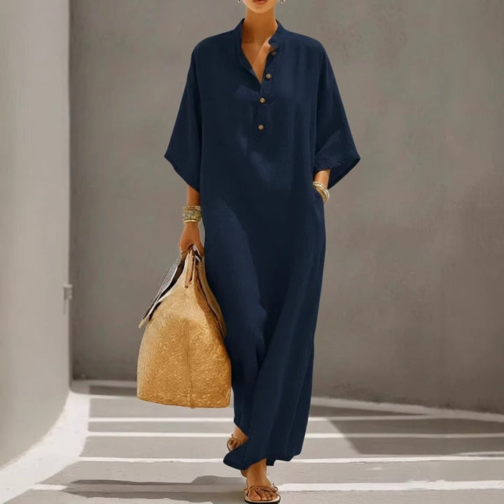 Damen Weites Kaftan-Midikleid mit Stehkragen und 3-Knopf-Blende Drune
