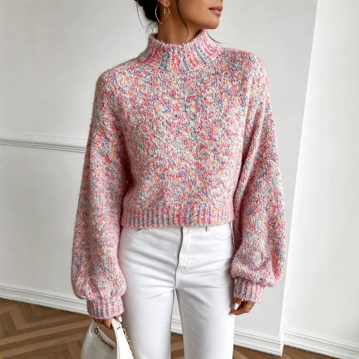 Damen Kurzgeschnittener Oversize-Pullover mit Stehkragen, mehrfarbigem Bouclé-Muster und Ballonärmeln Drune