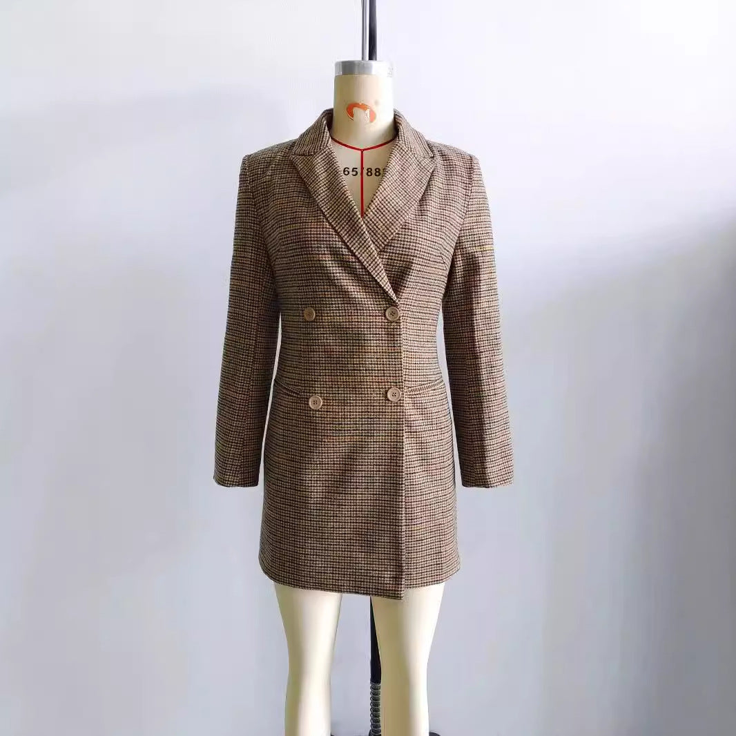 Damen nan taillierter Doppelreiher-Mantel im Glencheck-Look mit Reverskragen Drune
