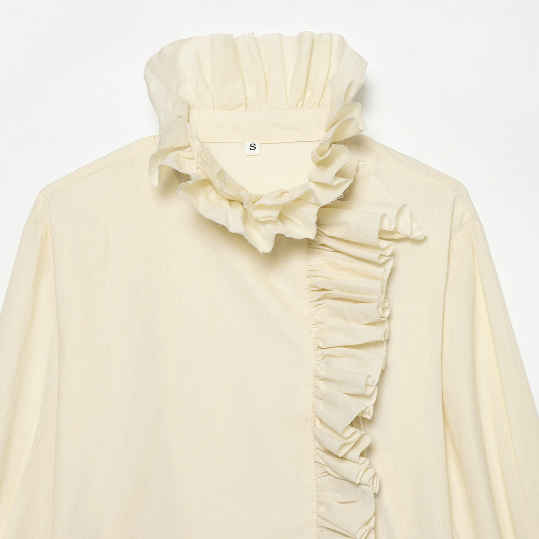 Damen nan Rüschenbluse mit hohem Stehkragen, asymmetrischer Rüschenvorderleiste und voluminösen Stufensäumen Drune